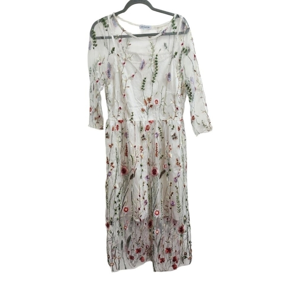 Misslook Mesh Sheer Floral Embroidered Dress Boho Cottagecore Midi 3/4 Sleeve 12 - Picture 3 of 16